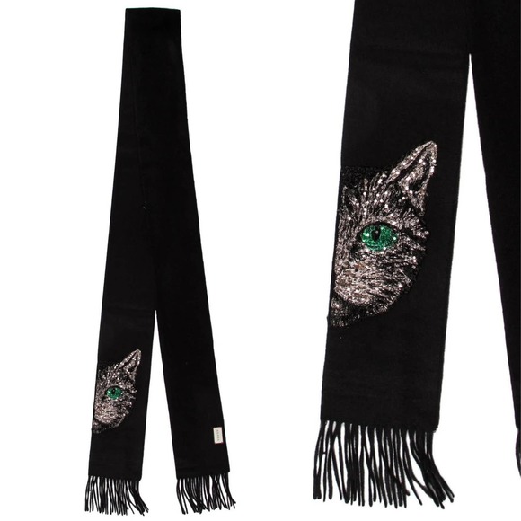 Gucci Accessories - Gucci Black Silk Cashmere Blend Scarf Mystic Cat Sequin Fringe Edges